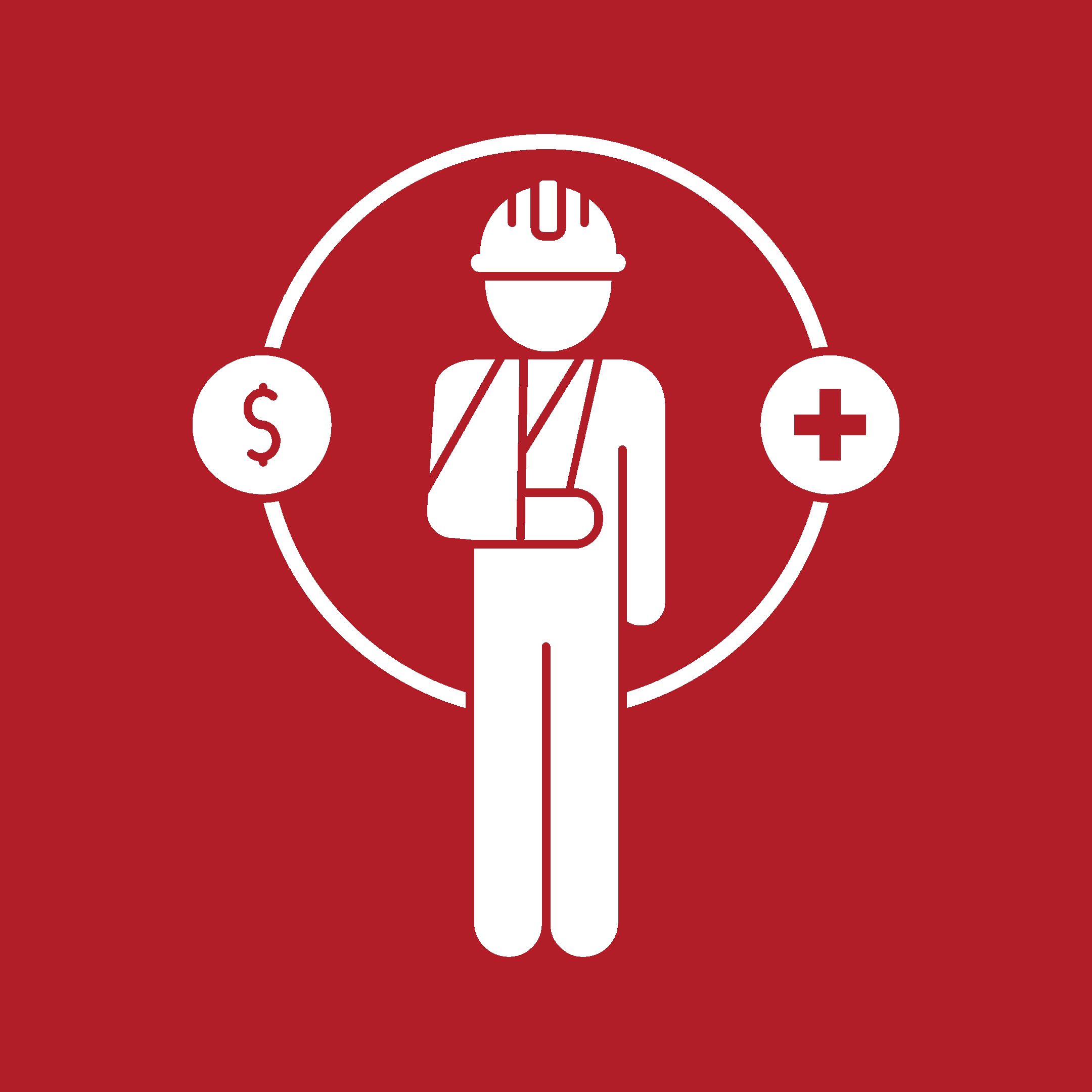 A stylized icon of a worker wearing a safety helmet, with symbols of money and a medical cross on either side, representing health and safety in the workplace.