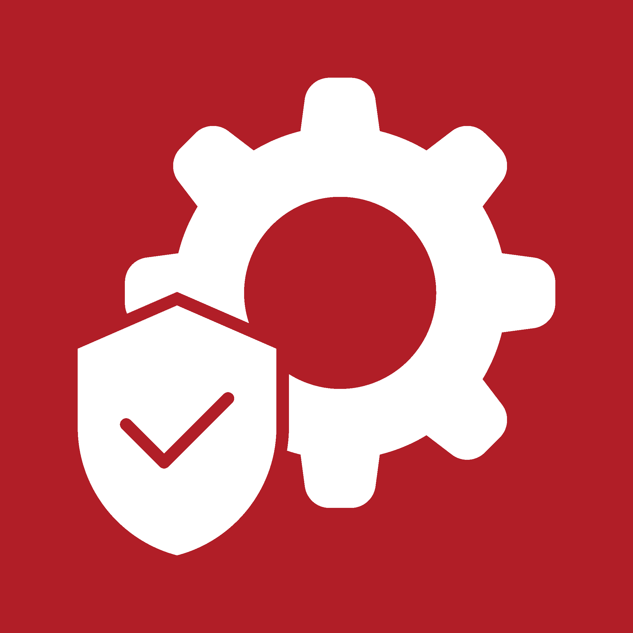 White gear icon over a red background.