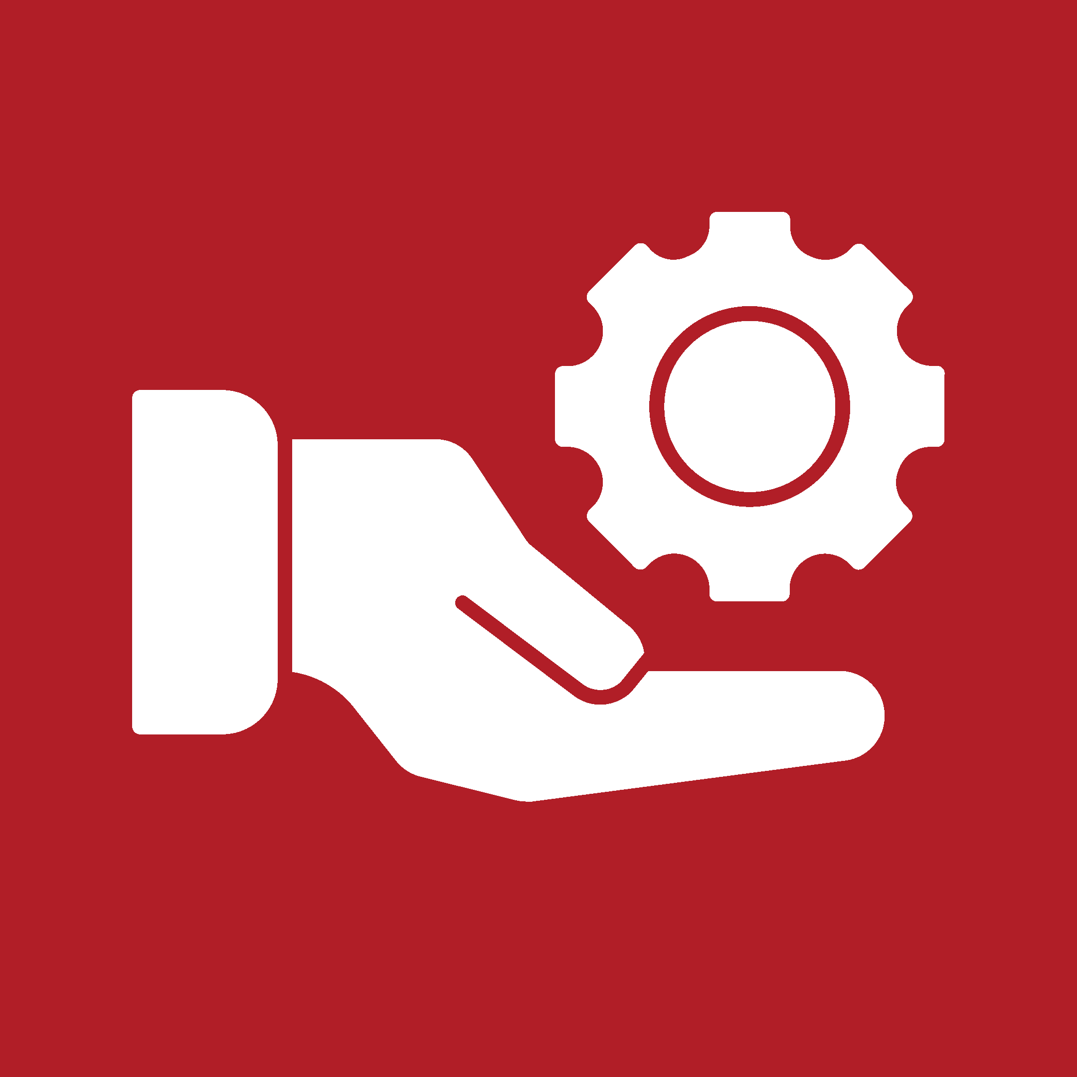 Red background with white puzzle piece and gear symbols.
