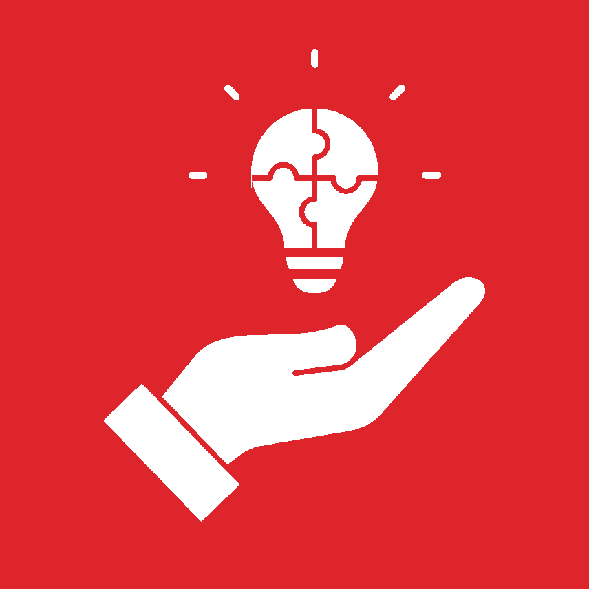 A white hand holding a light bulb with puzzle pieces inside on a red background.