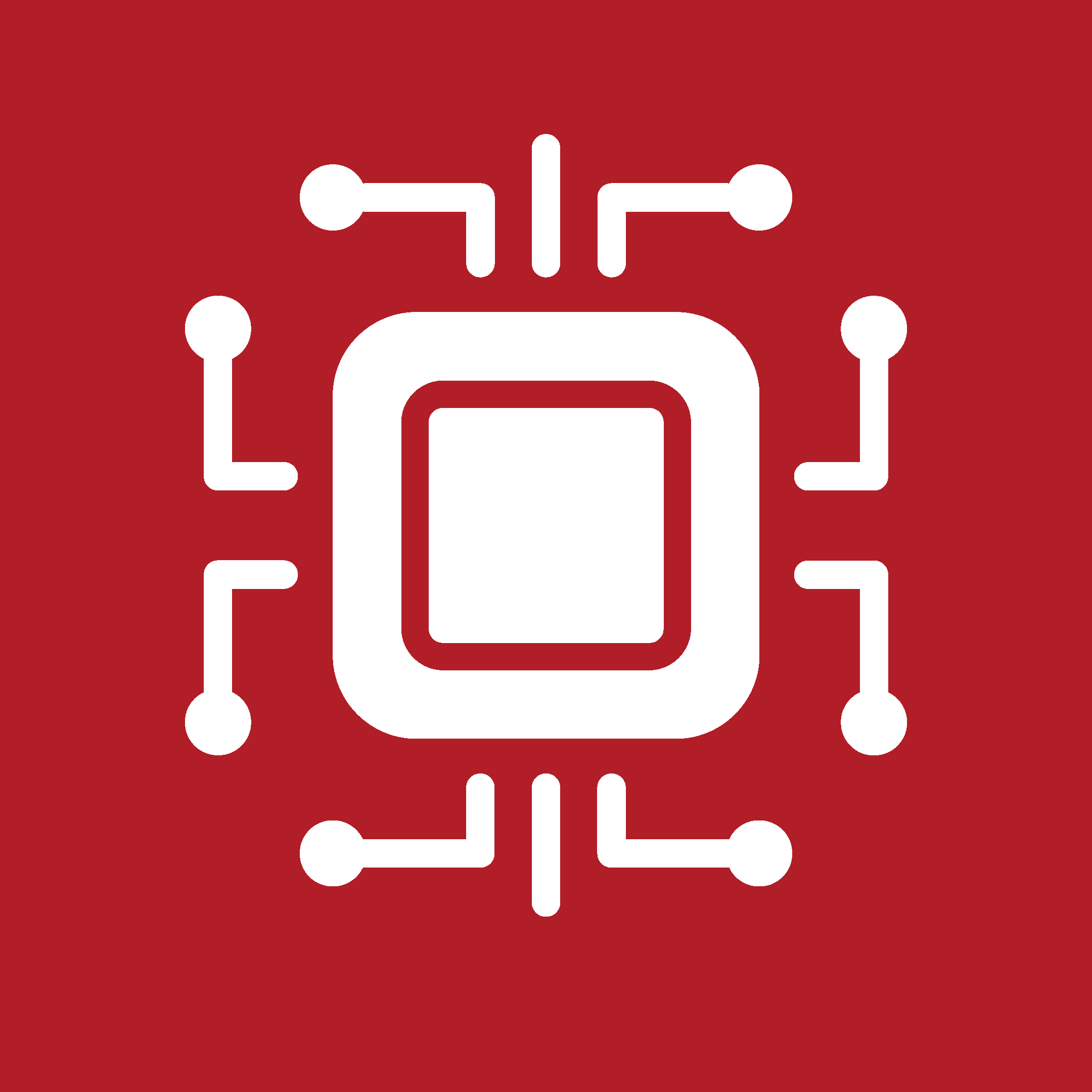 Red background with a white stylized robot face logo.