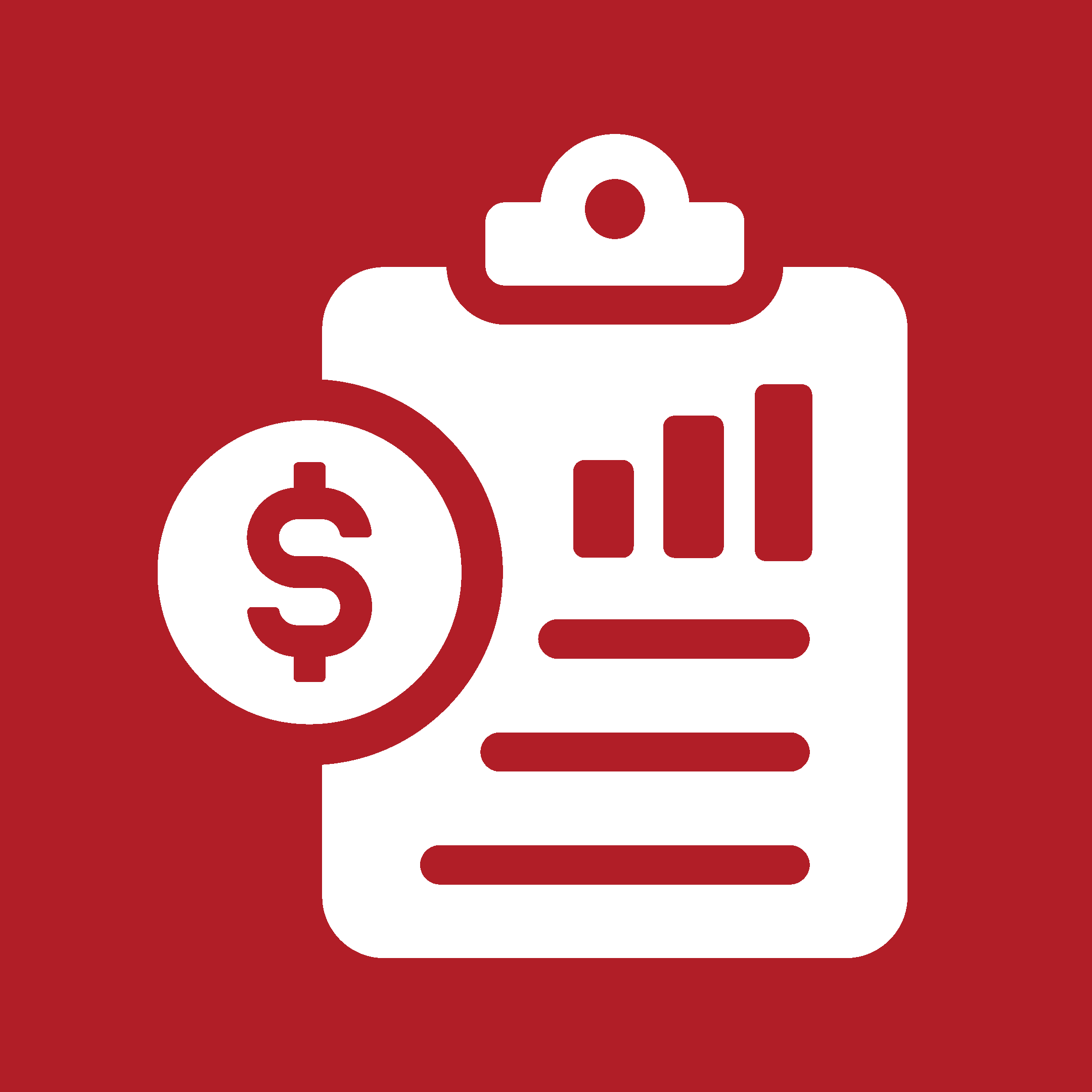 Icon of a white shopping cart with a dollar sign, on a red background.