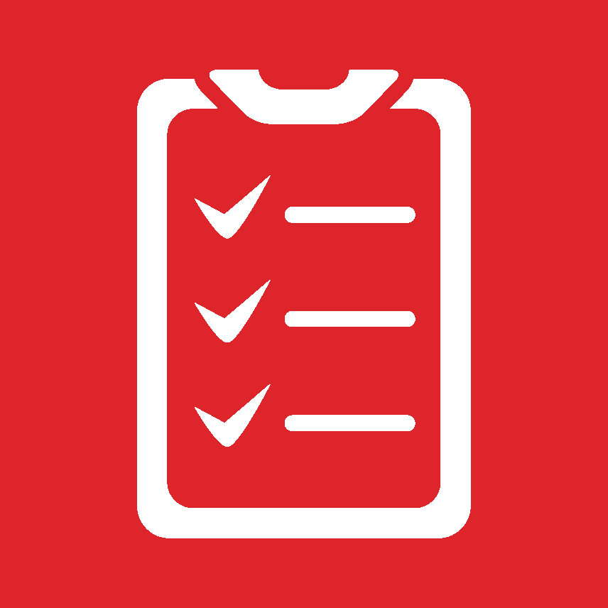 Icon of a clipboard with three checkmarks on a red background.