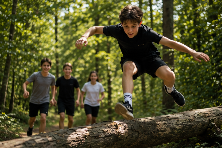 Parkour Ninajs 10-15 Jährigen machen Parkour im Wald von Bad Homburg