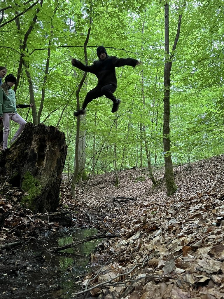 Person springt in einem grünen Wald von einem Baumstumpf über ein kleines Bachbett, während zwei andere Personen zuschauen.