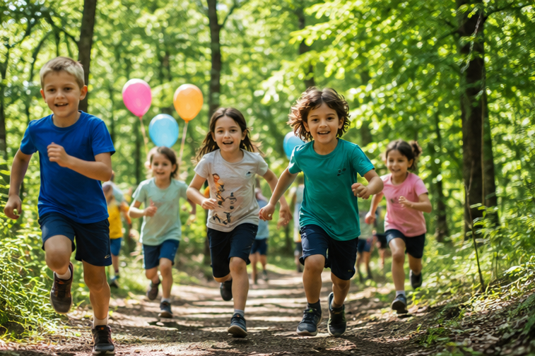 Kinder laufen lachend durch einen Wald, einige halten bunte Ballons.