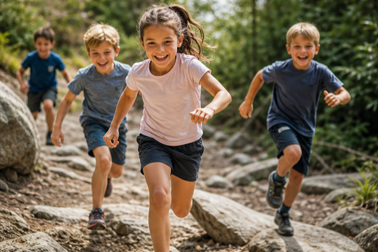 Gruppe Kinder beim Outdoor Parkour Training in der Natur im Hardtwald