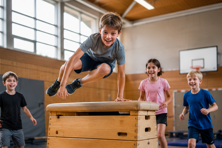 Feriencamp Gruppe beim Klettern und Springen in der Turnhalle in Bad Homburg