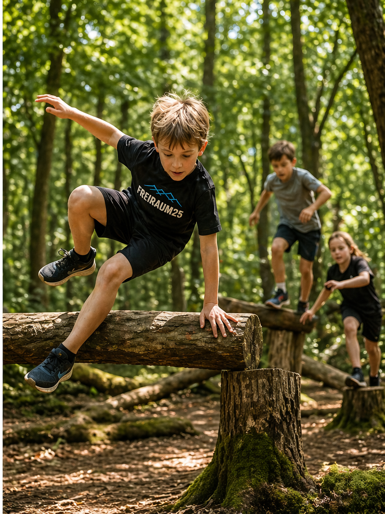 Kinder trainieren Parkour im Wald und springen über natürliche Hindernisse in Bad Homburg