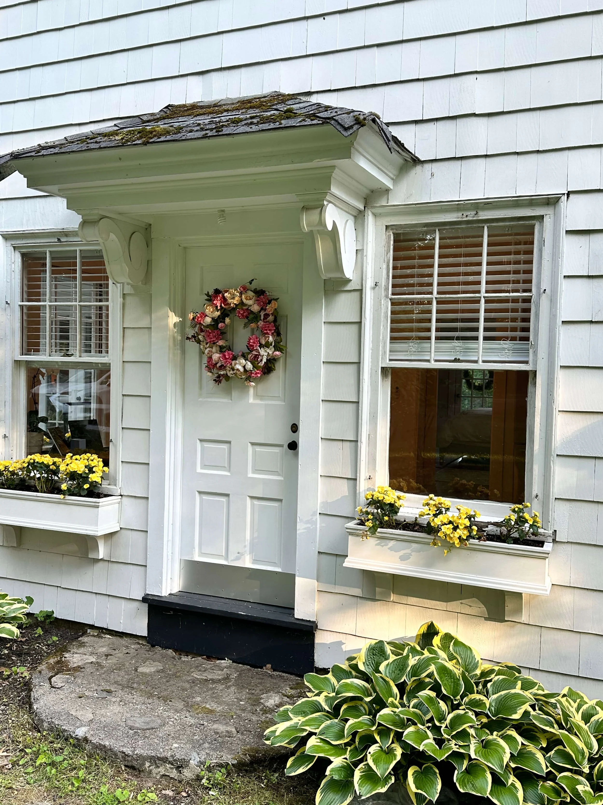 Arden Cottage Historic Lakefront Vacation Home Belgrade Lakes Maine front door with window boxes