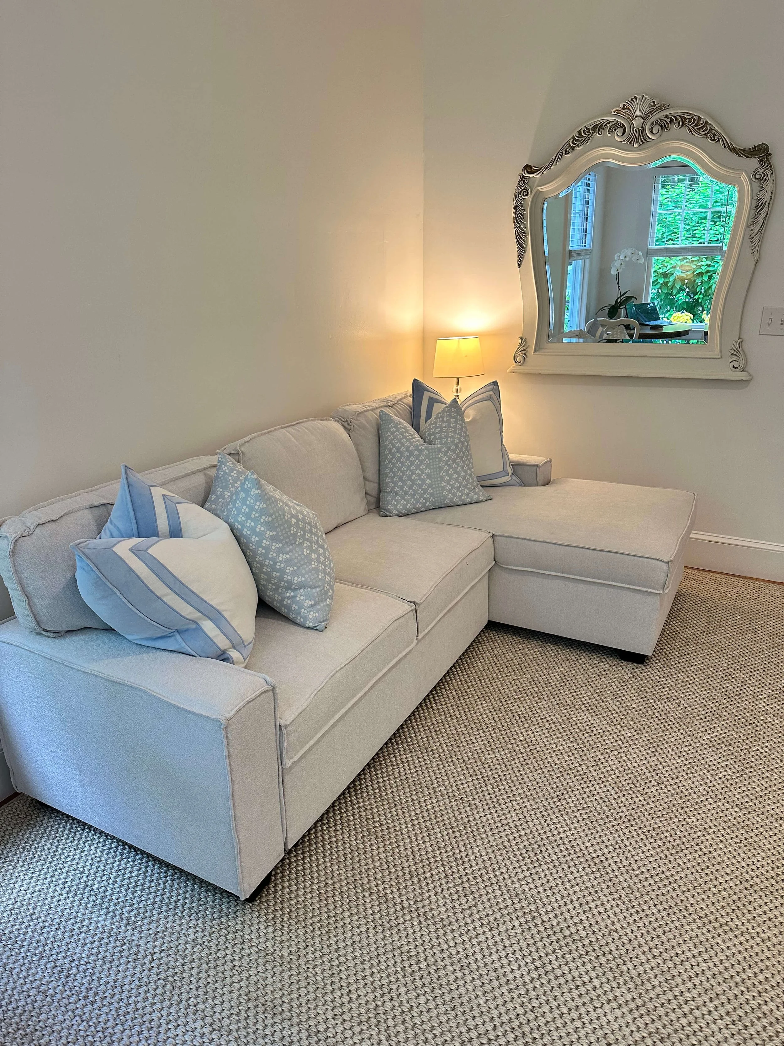 Sofa and mirror Arden Cottage Historic Lakefront Vacation Home Belgrade Lakes Maine.jpg