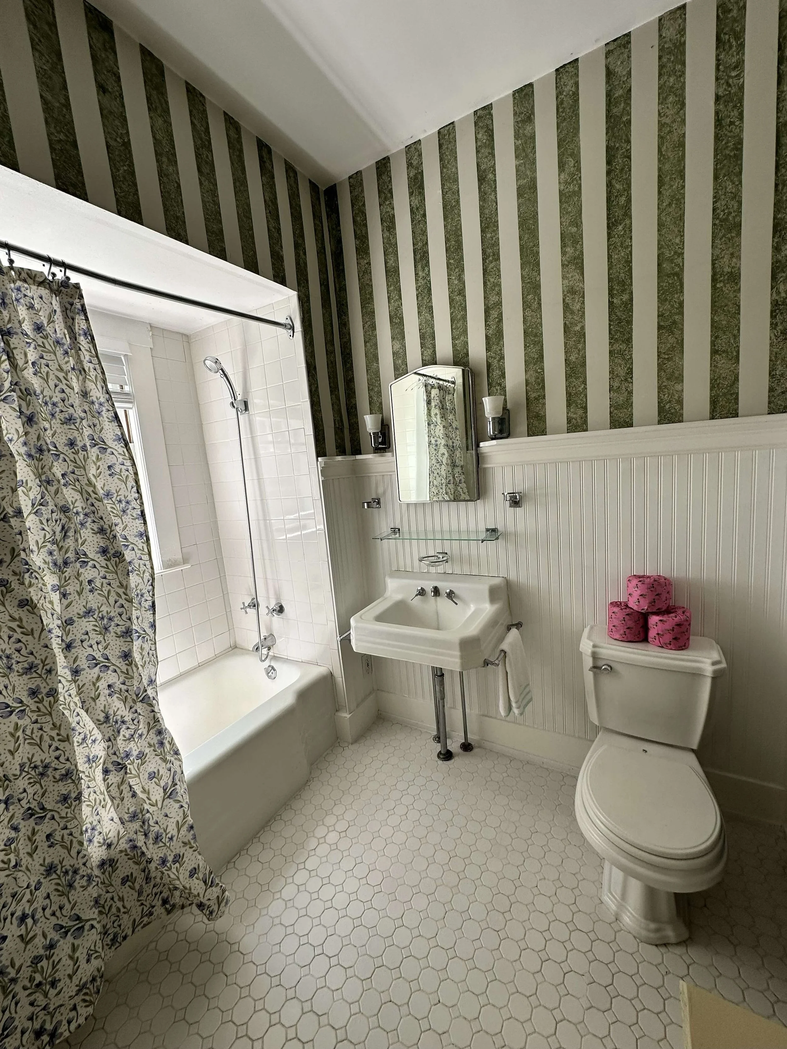 Bath and shower Elizabeth Cottage Historic Lakefront Vacation Home Belgrade Lakes Maine.jpg