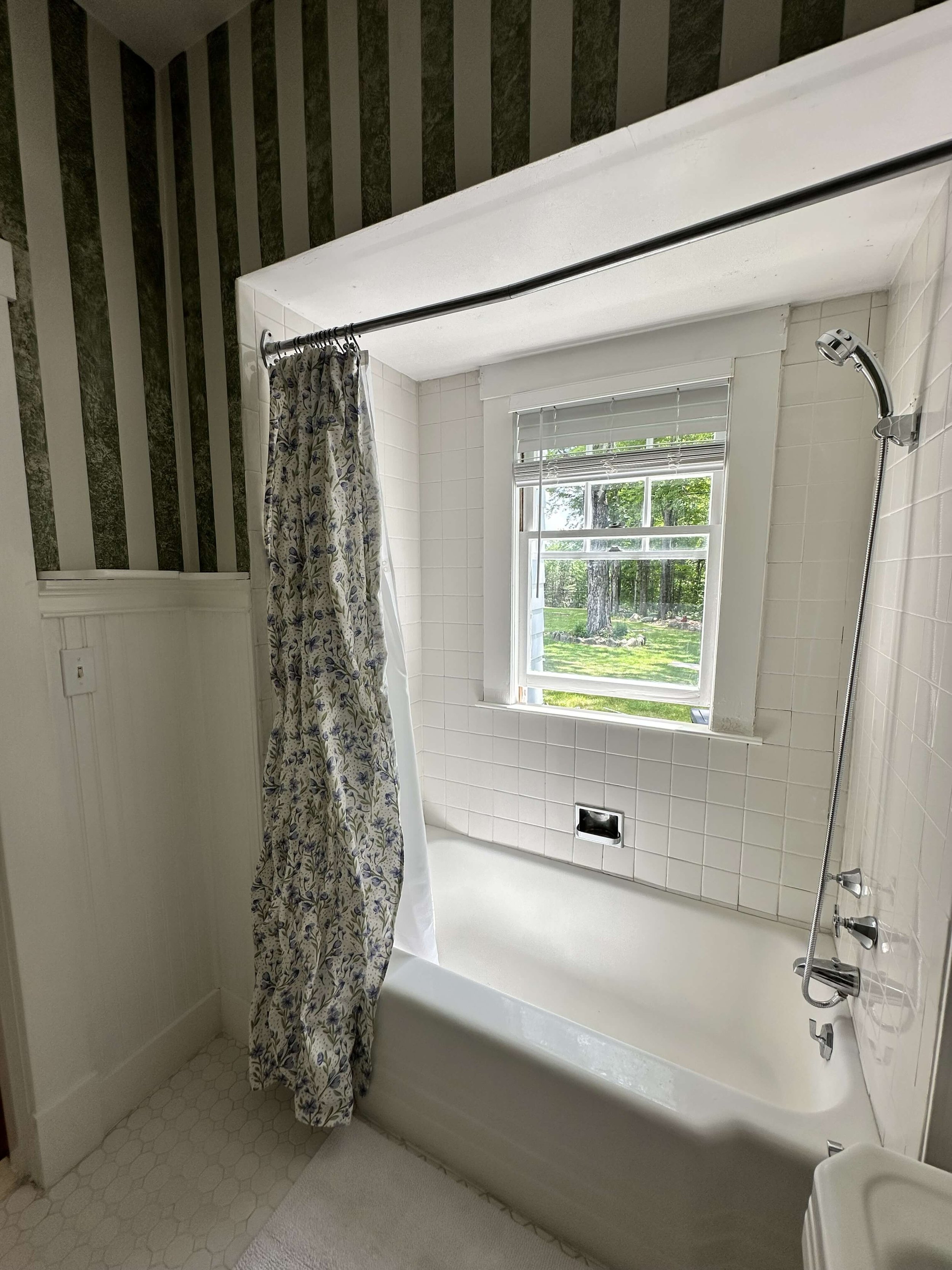 Bath and shower combination Elizabeth Cottage Historic Lakefront Vacation Home Belgrade Lakes Maine.jpg