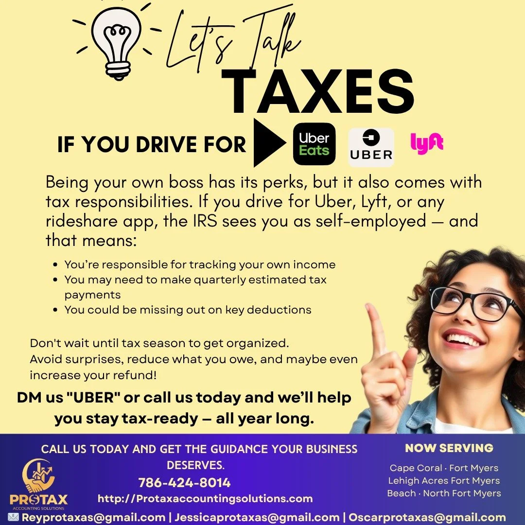 🚗💼 If you drive for Uber, Uber Eats, or Lyft &mdash; being your own boss has perks&hellip; but it also means you have tax responsibilities.

At ProTax Accounting Solutions we help you:
✅ Track your income correctly
✅ Calculate and make quarterly es