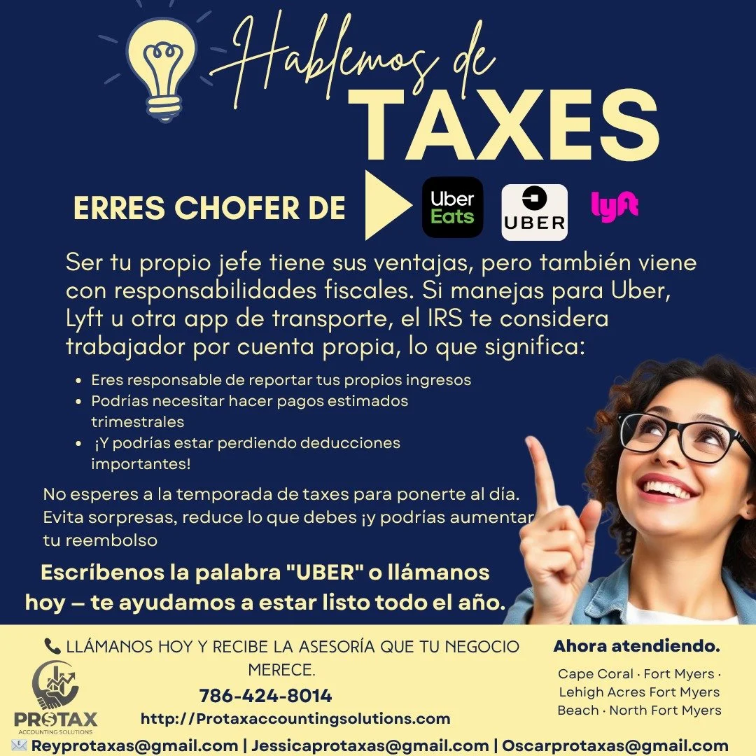 🚗💼 &iquest;Eres chofer de Uber, Uber Eats o Lyft?
Ser tu propio jefe tiene ventajas&hellip; pero tambi&eacute;n responsabilidades con el IRS.

En ProTax te ayudamos a:
✅ Reportar correctamente tus ingresos
✅ Calcular y pagar impuestos trimestrales
