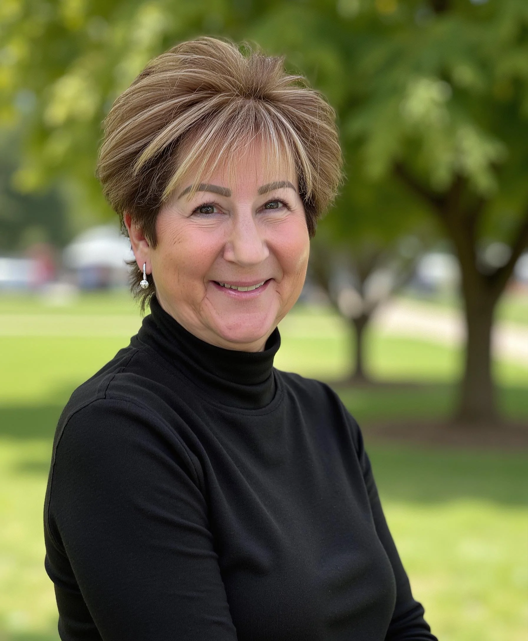 A woman with short hair, wearing a black turtleneck sweater, smiling outdoors with a green, blurry background of trees.