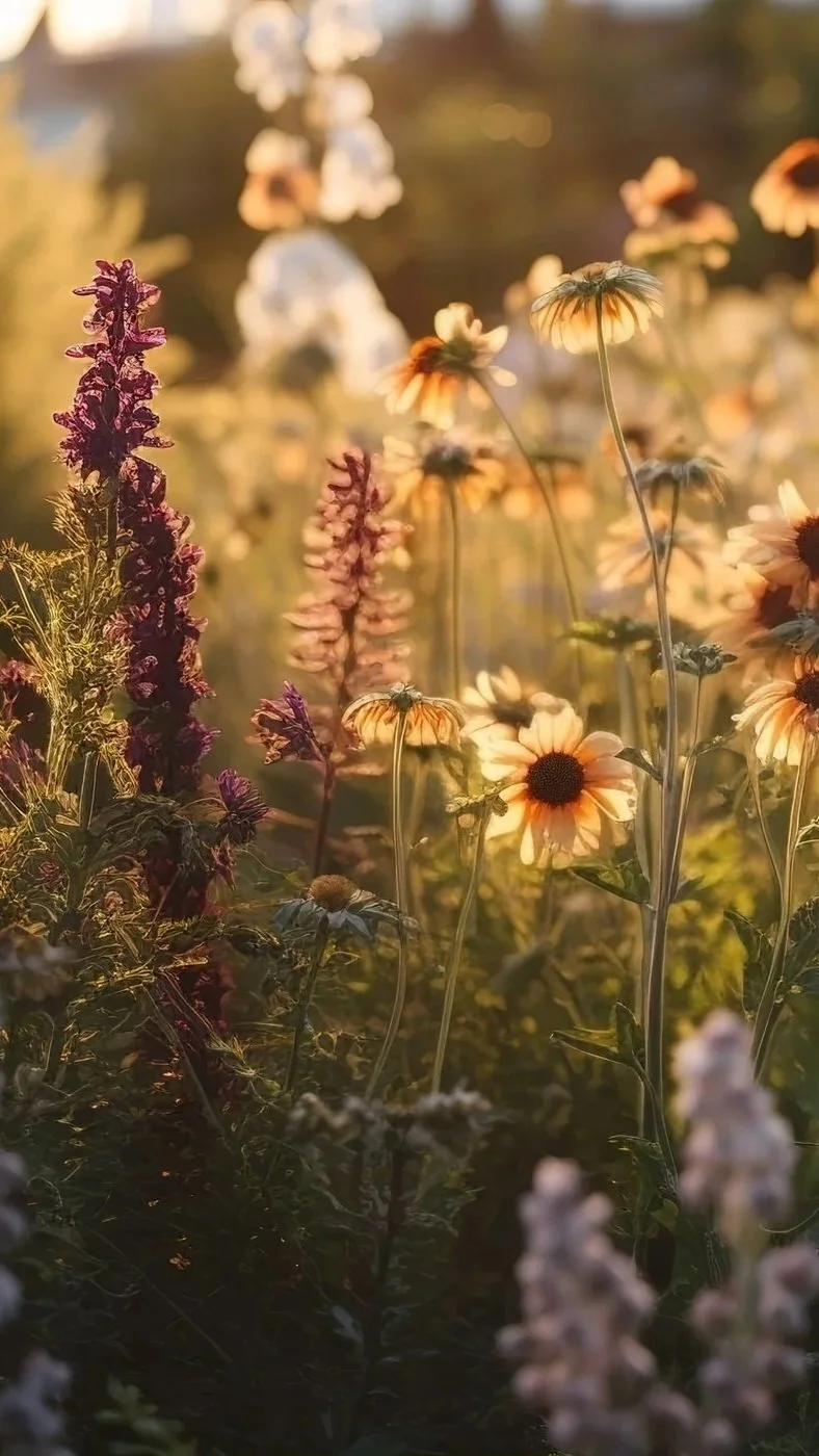 Sunlit wildflowers in a field with daisy-like flowers and purple flowers, bathed in warm golden light.