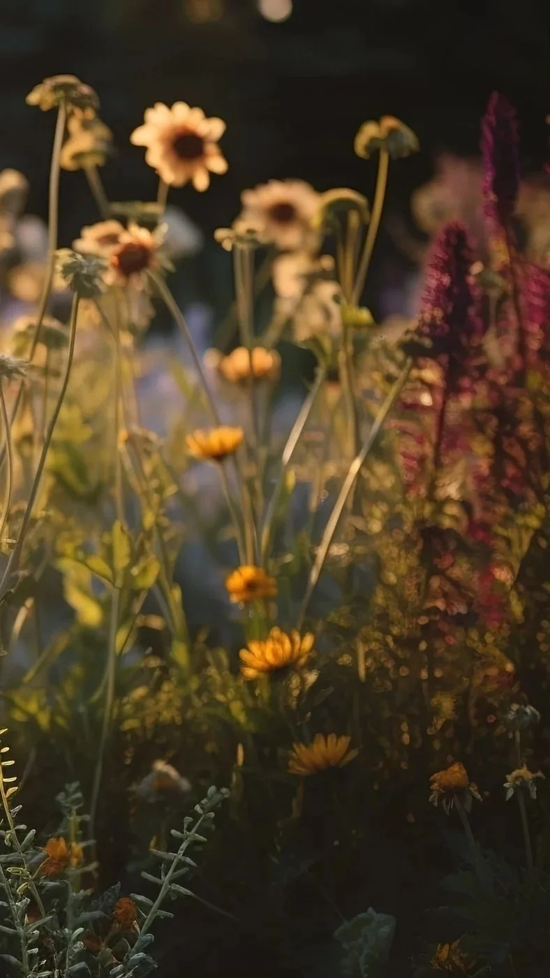 A close-up shot of various wildflowers, including yellow, pink, and purple blossoms, illuminated softly in a natural setting, possibly at dusk or dawn.