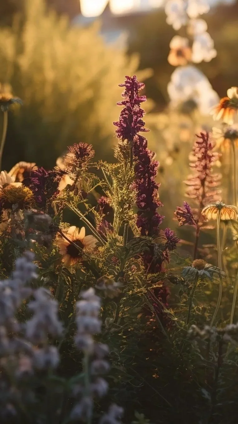 Wildflowers in warm sunlight with a blurred background of more flowers and greenery.