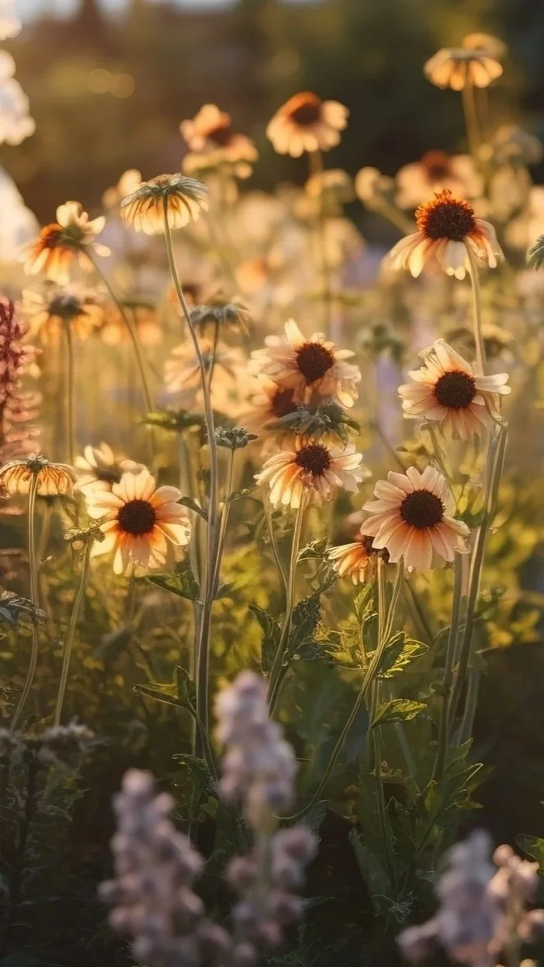 Sunlit wildflowers, including daisies with dark centers, in a garden at sunset.