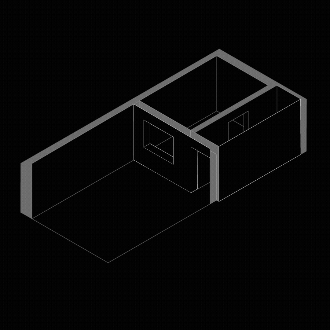 Dibujo en perspectiva de un plano de casa en construcción con paredes y puertas, mostrando un esquema en línea y detalles en sombreado gris oscuro.
