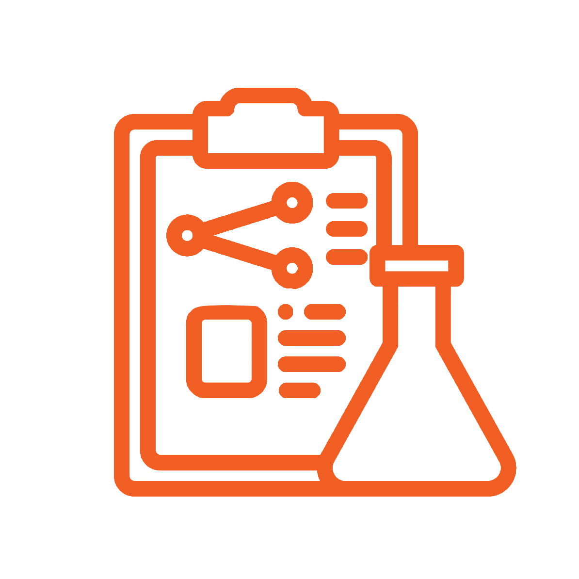Icon of a research or science clipboard with a chemical flask in front.