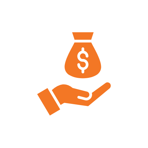 Orange icon of a hand holding a money bag with a dollar sign.