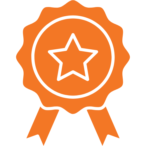 Orange award ribbon with a central star outline and two ribbons hanging down.