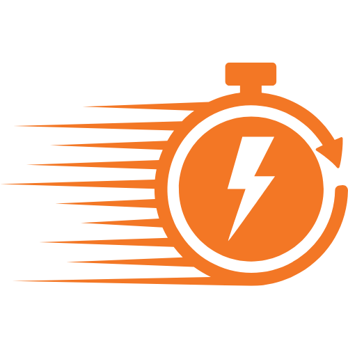 An orange stopwatch with a lightning bolt symbol inside, surrounded by motion lines indicating speed or energy.