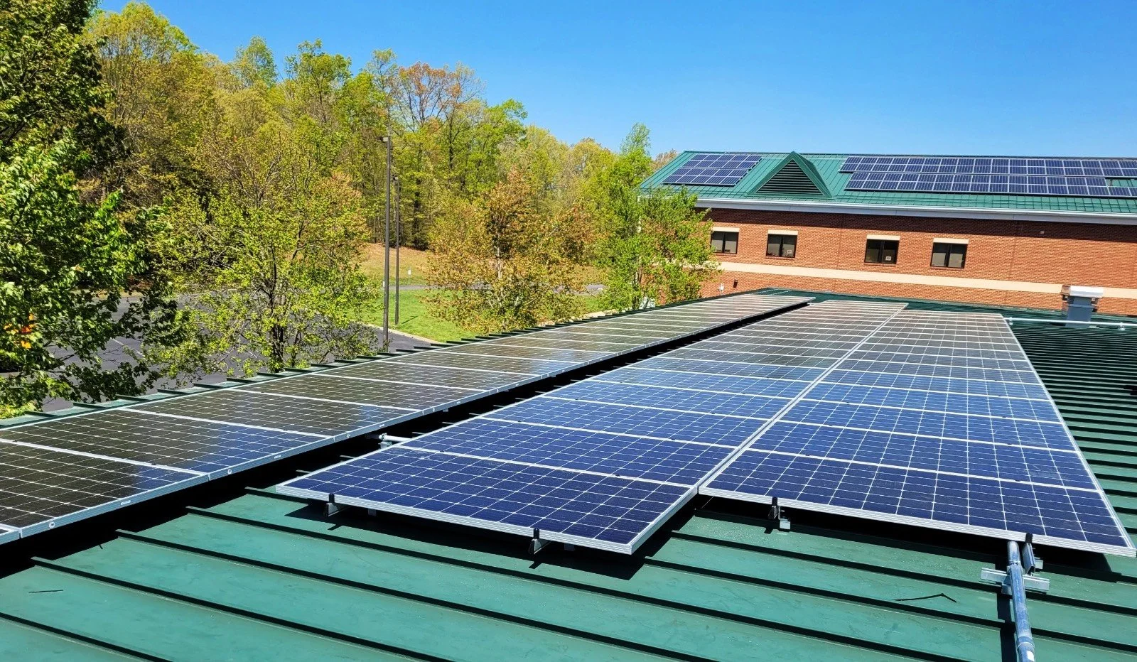 Solar panels installed on a green roof, with trees and a brick building in the background under a clear blue sky.