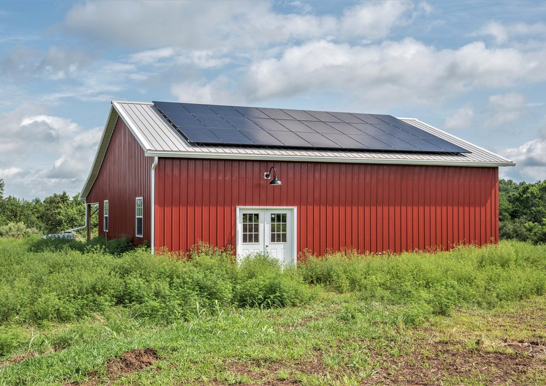 Barn shed with solar panels.