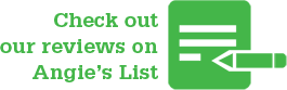 Green graphic with text encouraging to check reviews on Angie's List and an icon of a notebook or review page with a pen.