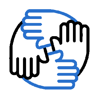 Illustration of four hands interlocked, symbolizing teamwork or unity.