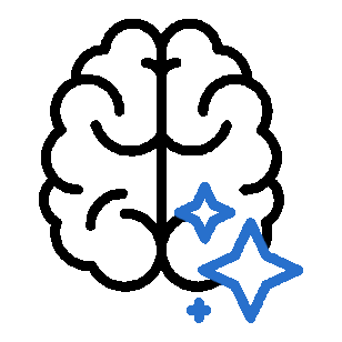 Illustration of a brain with two blue sparkling star symbols in front, representing brain power or intelligence.