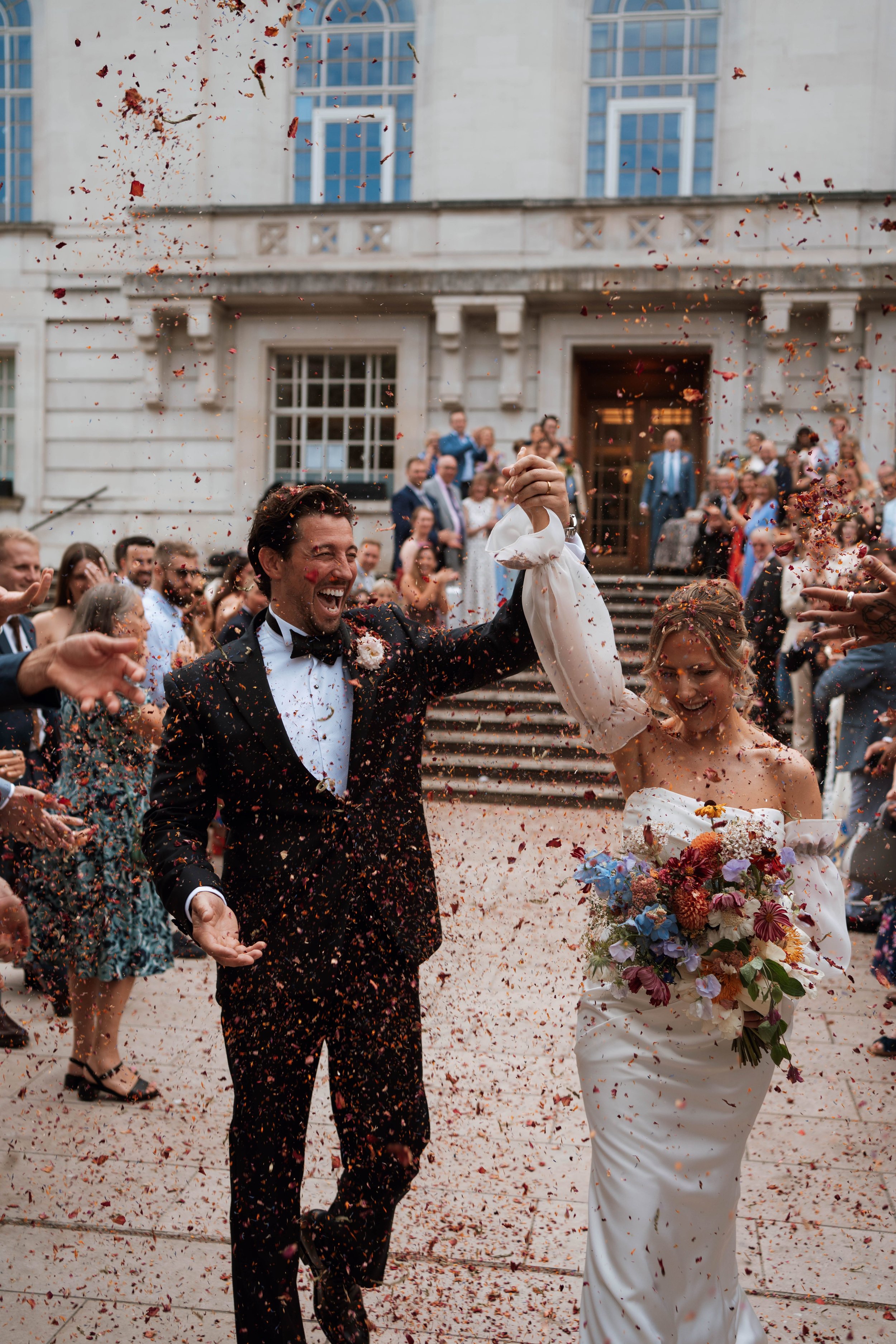 Hackney Town Hall with wild bouquet of British flowers