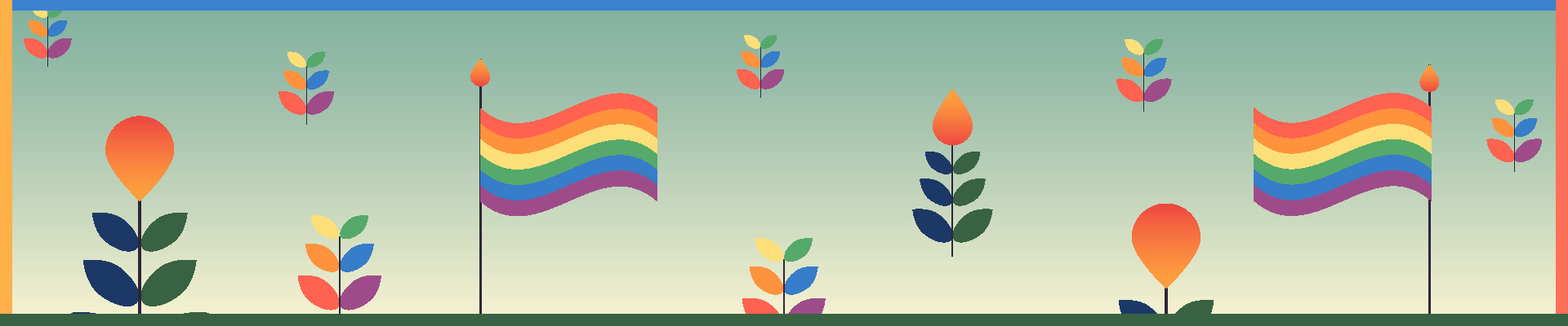 Illustration of graphic plants with 6 leaves each and a drop shaped flower on top. There is also a wavy pride flag raised on a pole