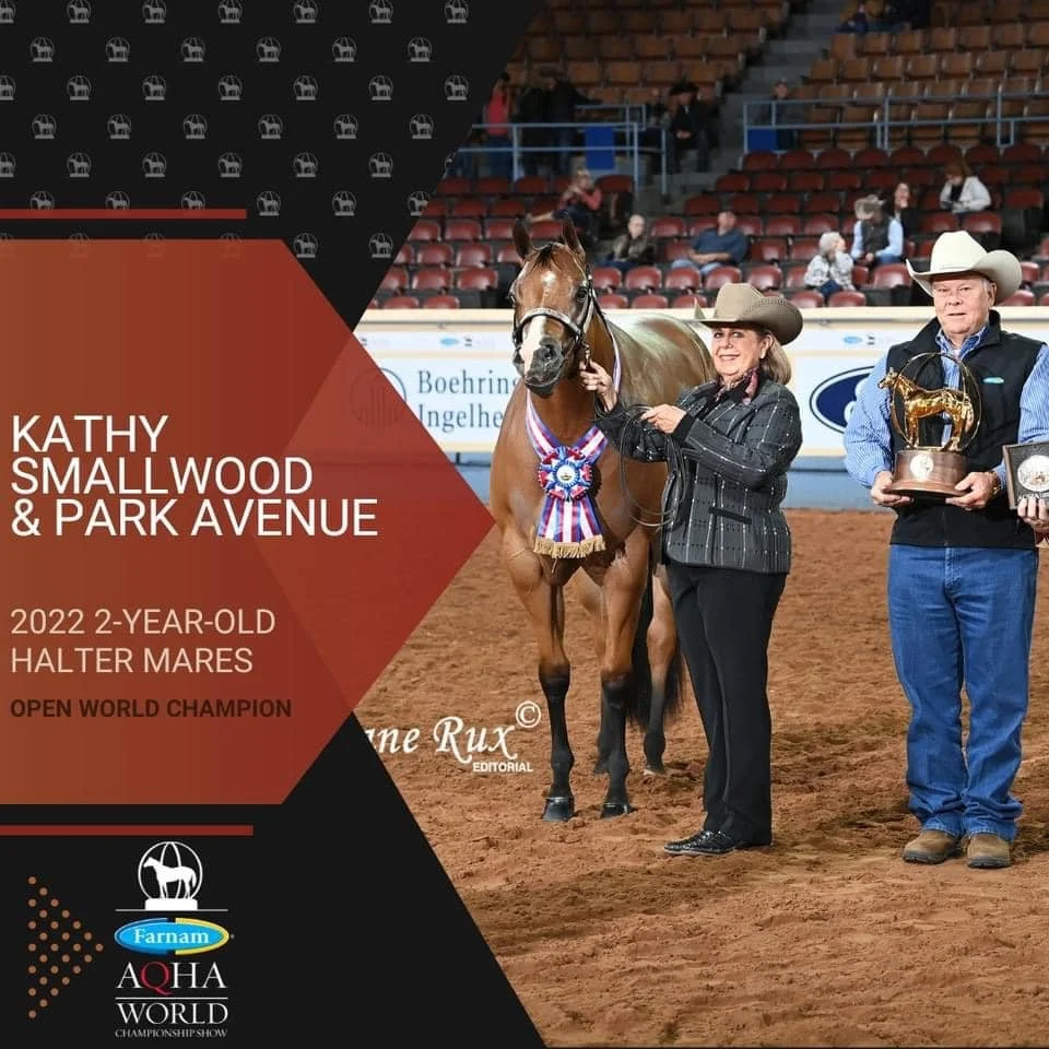 Two women and a man pose with a horse inside an arena. The woman in the middle holds the horse, which is wearing a ribbon, and the man on the right holds a trophy. The scene is part of a horse show celebrating a 2-year-old halter mare, Kathy Smallwoo