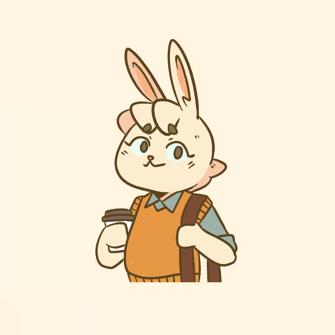 Ilustración de un conejito antropomórfico con mochila y taza de café, vistiendo ropa escolar, con expresión amigable.