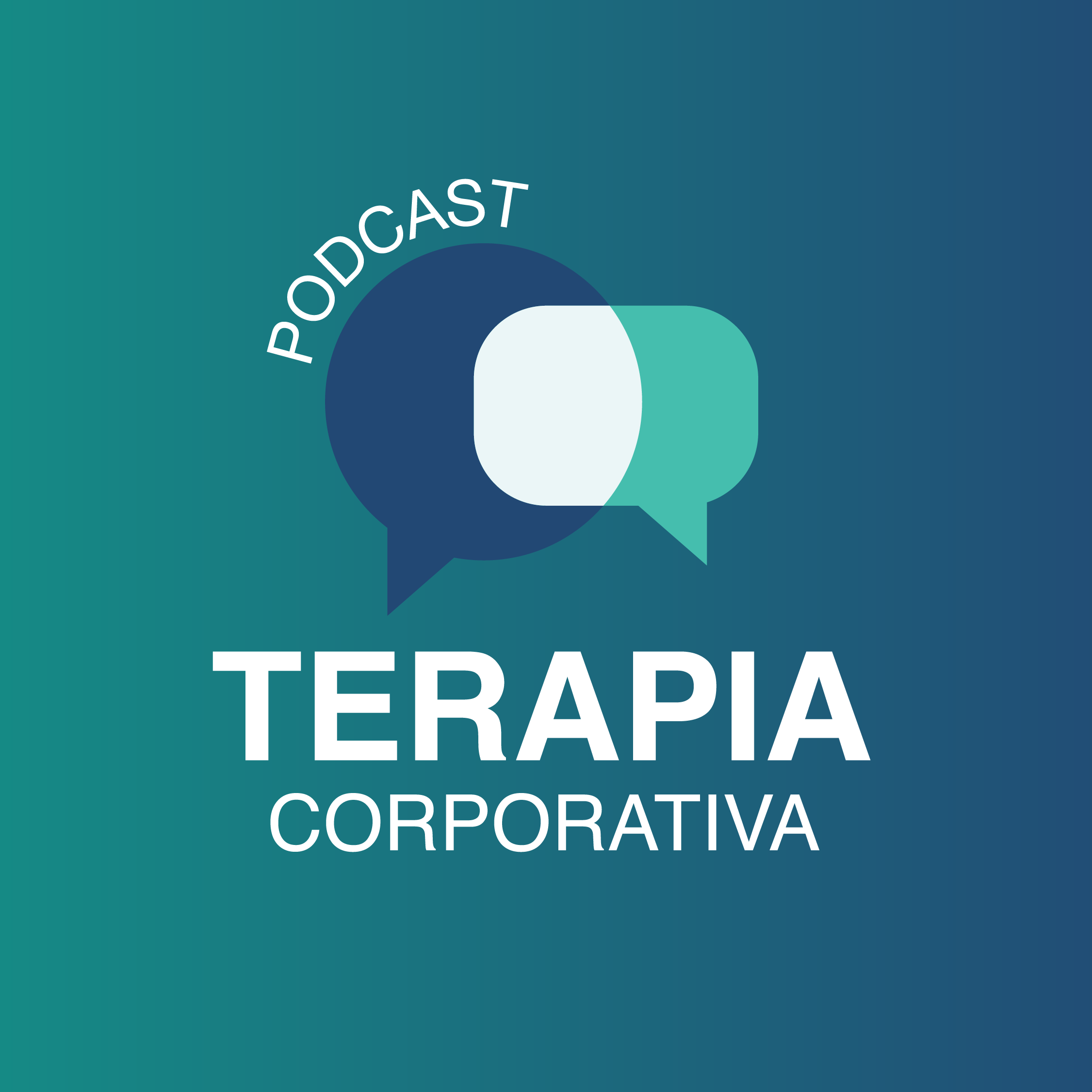 Logotipo de un podcast titulado Terapia Corporativa con burbujas de diálogo en el centro.