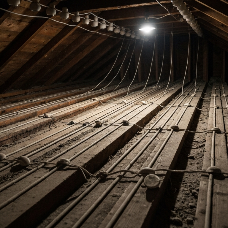 Old electrical wiring stretched across attic joists in a residential home, illustrating aging electrical infrastructure, outdated wiring systems, and potential signs that a house may need rewiring.