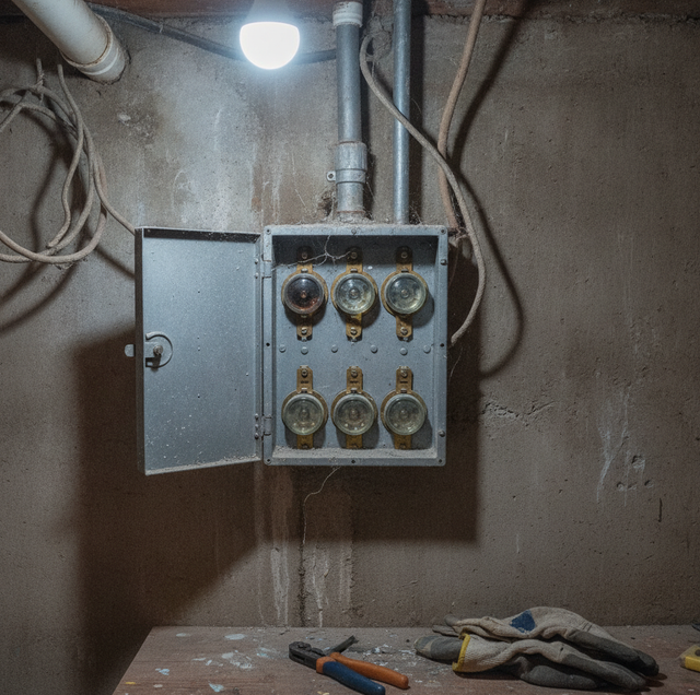 open electrical panel with fuses and a modern circuit breaker side by side