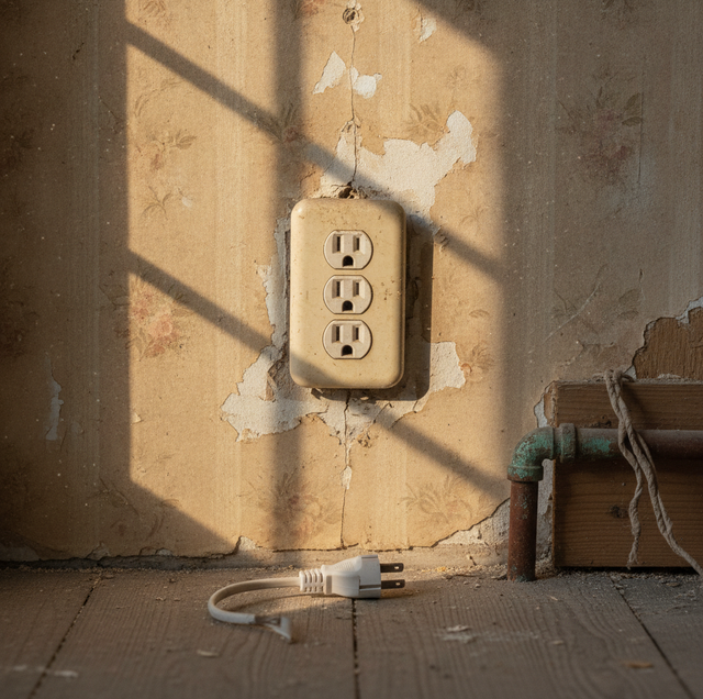 two prong wall outlet with weathered paint and cracked faceplate
