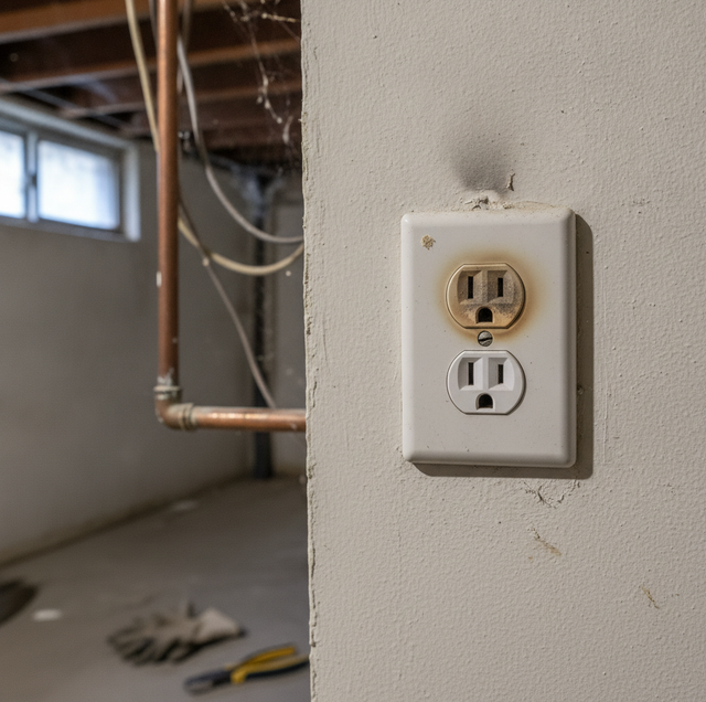 warm residential outlet with discolored face near couch