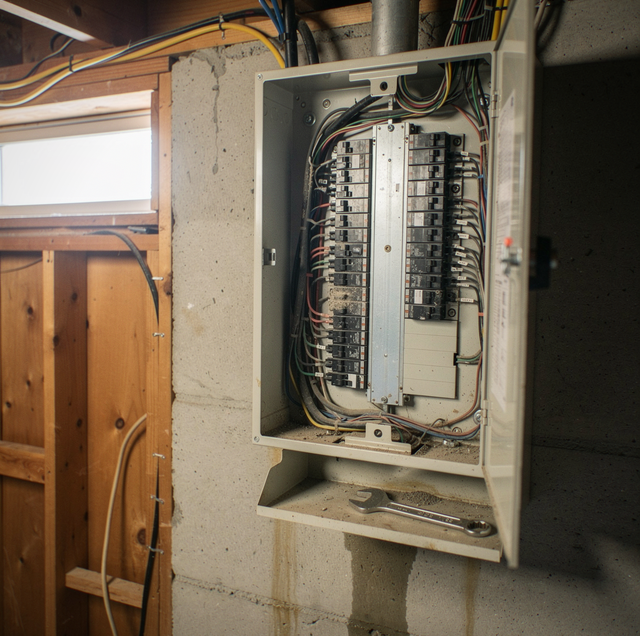 electrician inspecting vintage breaker panel with open cover