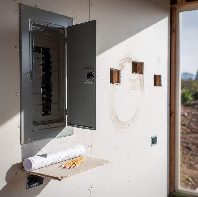 Open electrical panel mounted on wall above wooden shelf holding rolled blueprints and pencils, with window and landscape vis