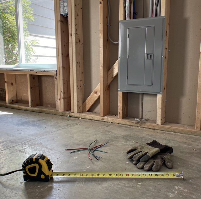 Construction site interior with wooden framing, electrical panel, tape measure, work gloves, and wires on concrete floor.