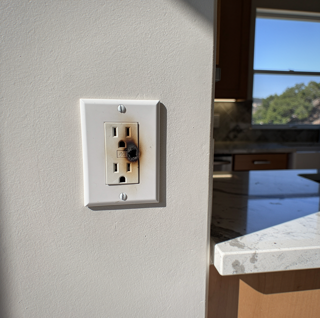 Electrical outlet with toggle switch mounted on white wall beside a window overlooking water and trees.