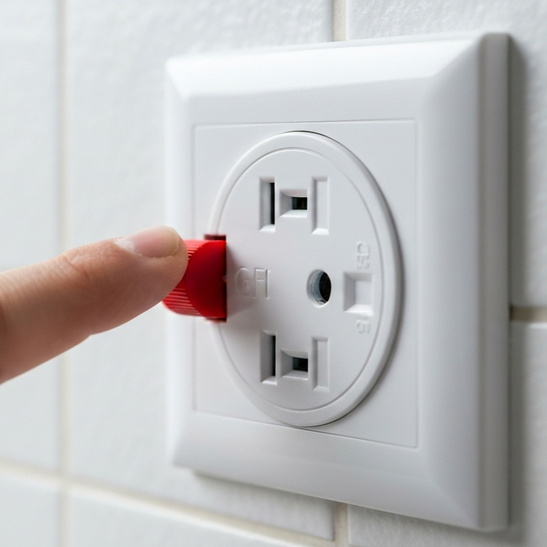 Finger pressing the red reset button on a white GFCI outlet mounted on a tiled wall, illustrating electrical troubleshooting and restoring power after a circuit interruption in one room.