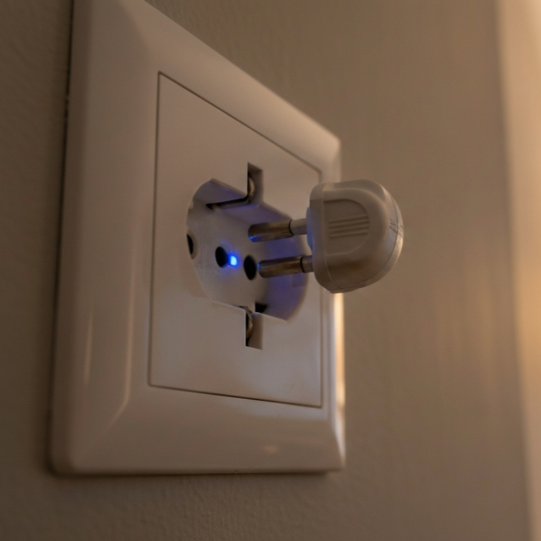 Electrical plug partially inserted into a wall outlet with a visible blue spark, demonstrating a potentially dangerous electrical issue that may require immediate inspection by a licensed electrician.