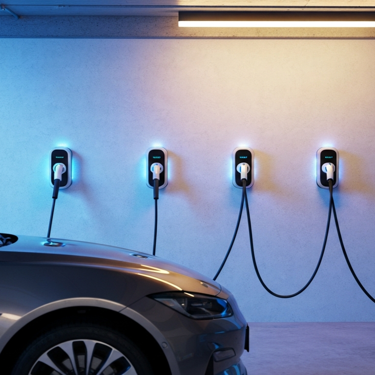 Multiple wall-mounted EV chargers installed in a residential garage, charging an electric vehicle and showcasing home Level 2 charging solutions such as Tesla Wall Connector, ChargePoint, and Wallbox.